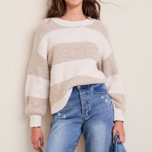 Francesca's Dawn Crew neck Taupe Cream Striped Sweater
